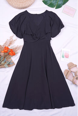 V Neck Puff Sleeve Knot Front Midi Dress (Black)